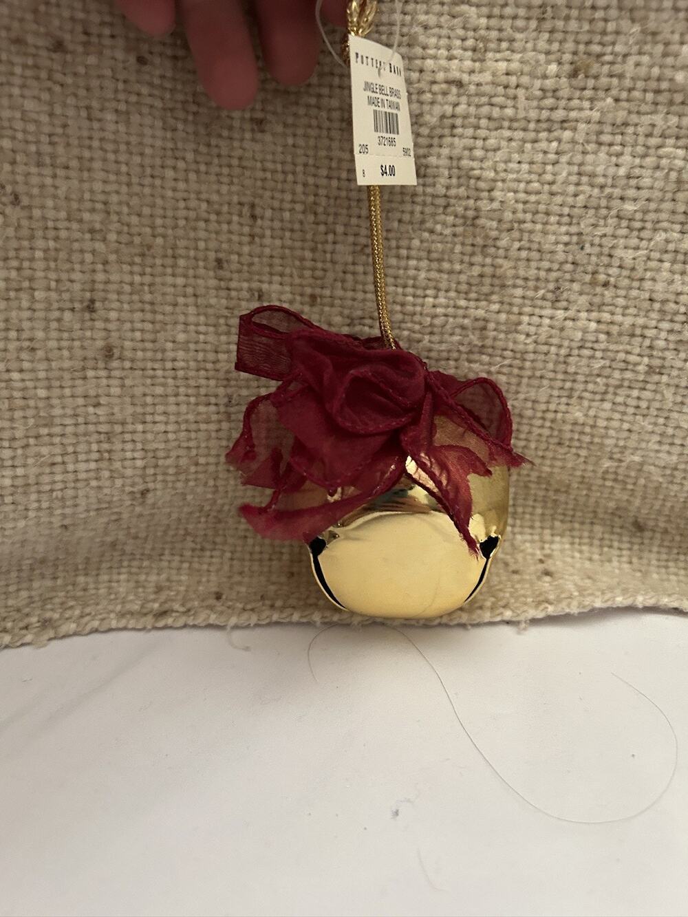 NWT Pottery Barn Jingle Bell Gold Brass With Red Bow Ornament 3"